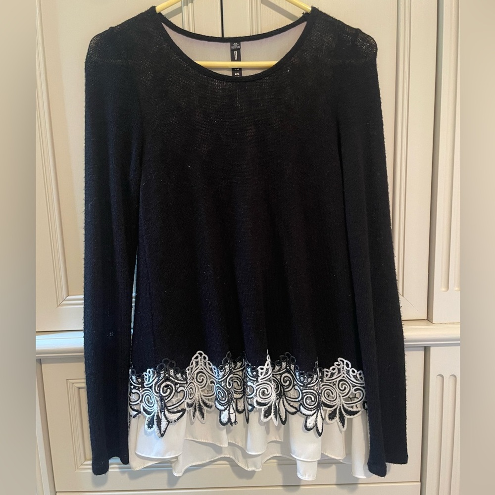 Elegant Black and White Lace Trim Sweater